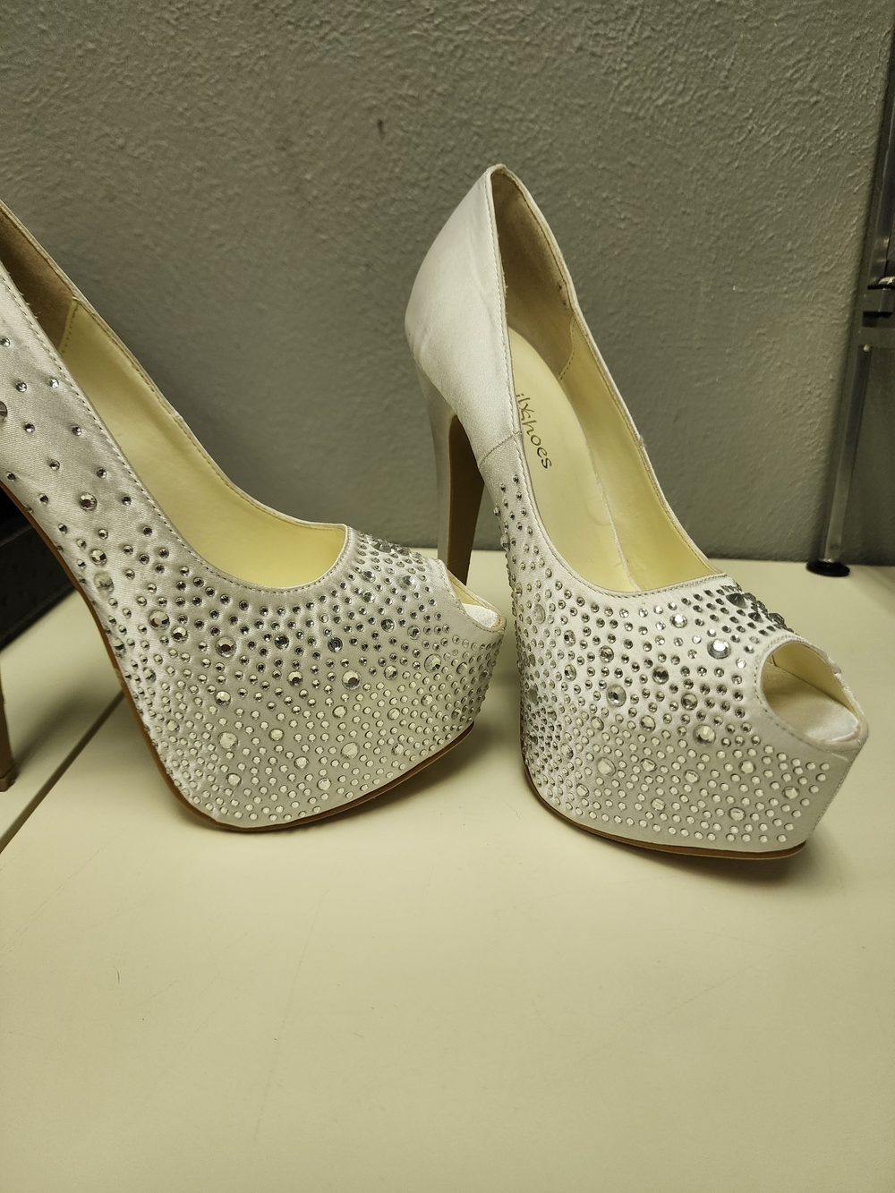 White Crystal Embellished Peep-Toe Platform Heels